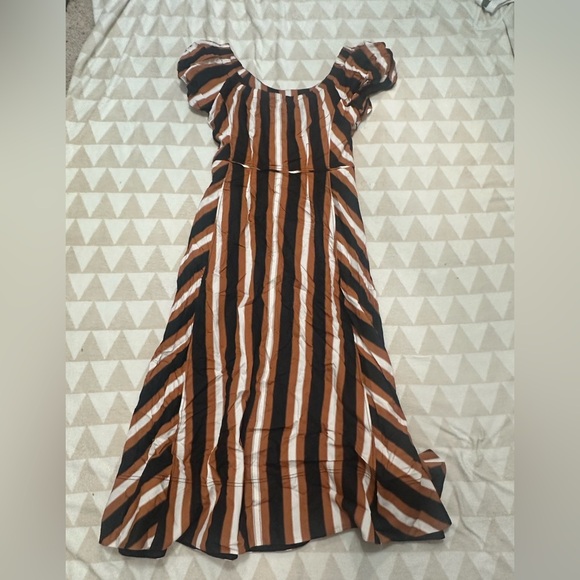 Tanya Taylor puff shoulder midi dress belted brown black white vertical stripes - Picture 2 of 4